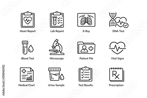 Medical icons set: heart report, lab report, x-ray, dna test, blood test, microscopes