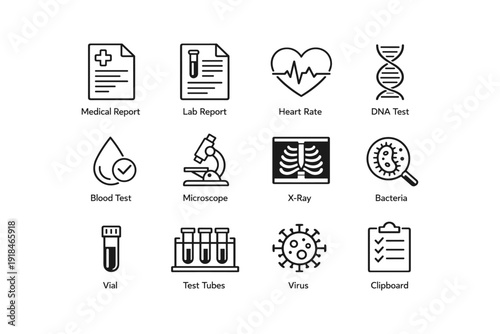Medical icons set: lab reports, heart rate, dna, blood test, microscope, x-ray, bacteria
