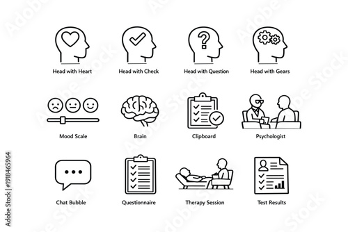 Mental health icons: head, mood, brain, clipboard, therapy session, psychologist, test results