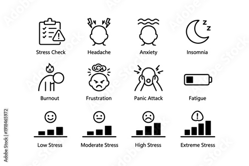Stress management icons depicting anxiety, insomnia, burnout, frustration, and various stress levels