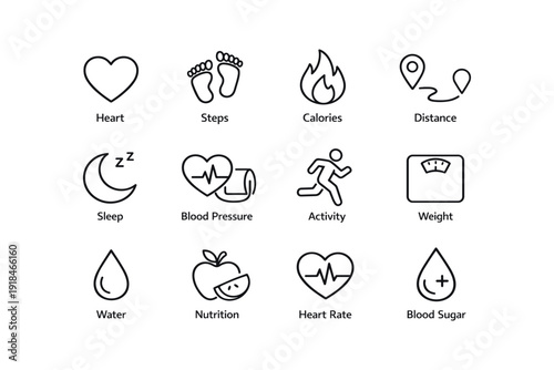 Health and fitness icons: heart, steps, calories, distance, sleep, and more