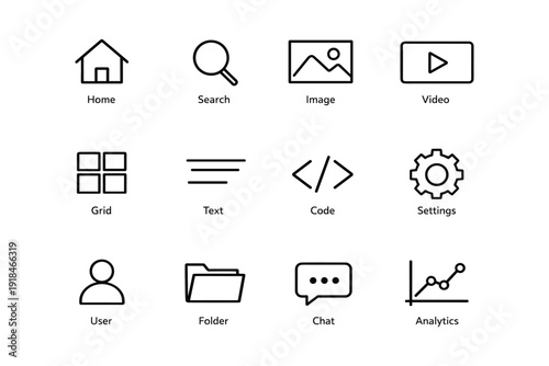Minimalist icon set: home search image video grid text code settings user folder chat analytics