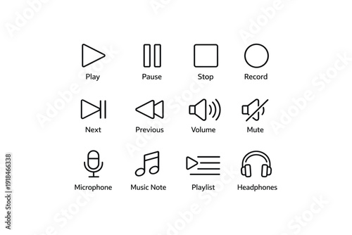 Audio control icons: play, pause, stop, record, volume, mute, playlist