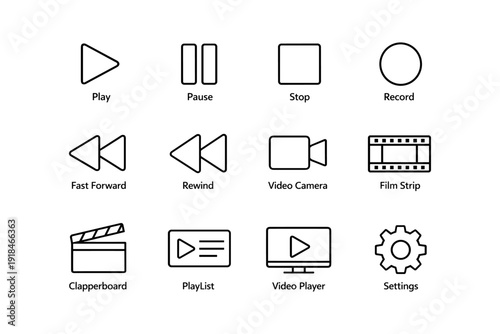 Media control icons: play, pause, stop, record, fast forward, rewind, video camera, film strip