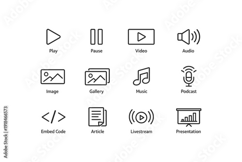 Media control icons set: play, pause, image, music, livestream, podcast, presentation