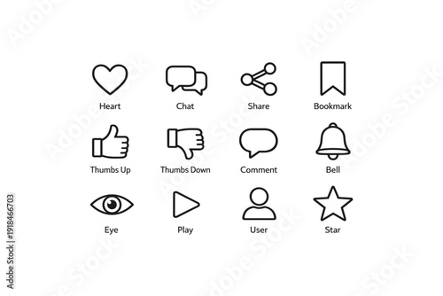 Set of social media icons: heart, chat, share, bookmark, thumbs up, thumbs down