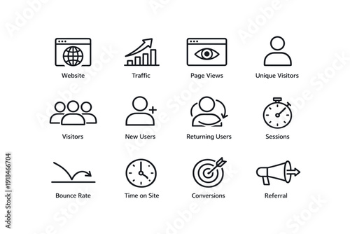 Digital analytics icons: website traffic, sessions, conversions, visitors, referrals