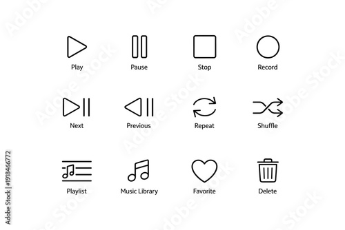 Minimalist music control icons: play, pause, stop, record, shuffle, repeat