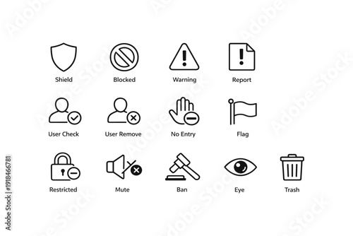 Security and access icons set: shield, blocked, warning, report, user, mute, ban, eye