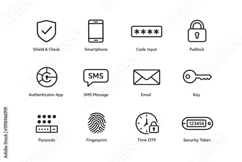Security icons: smartphone, padlock, key, fingerprint for digital protection