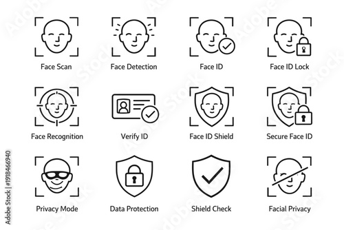 Facial recognition and privacy security icons including face id and data protection