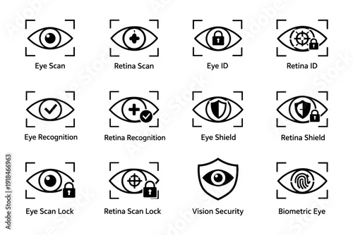 Eye and retina security icons collection featuring scan and lock symbols