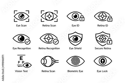Eye scanning icons: retina recognition and biometric security designs in black and white