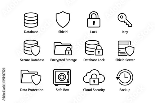 Data security icons: database, shield, lock, key, cloud, backup
