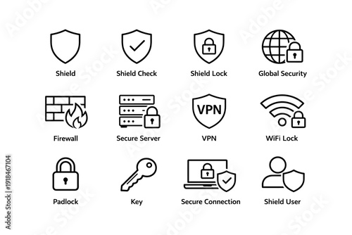 Security icon set: shields, locks, vpn, wifi, firewall, global security symbols