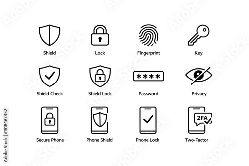 Security icons set: shield, lock, fingerprint, key, privacy, secure phone