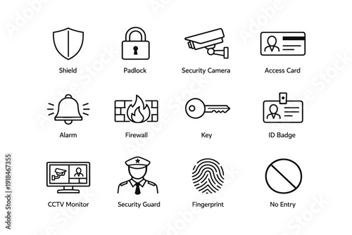 Security icons collection: shield, padlock, camera, access card, alarm, firewall, key, id badge