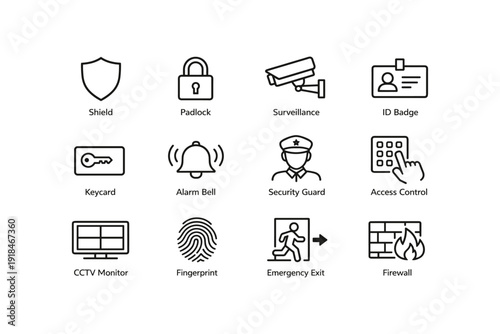 Security icons set: shield, padlock, surveillance, id badge, keycard