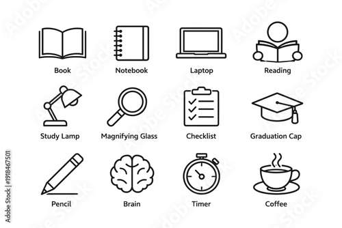 Set of education and office icons including book, notebook, laptop, study lamp, and more