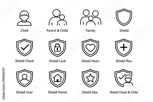 Outline icons: family, shields, security, and home safety symbols