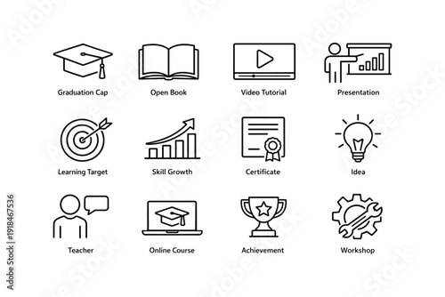 Education icons including graduation cap, book, video tutorial, certificate, and trophy