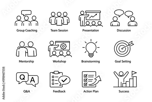 Business communication and development icons: coaching, presentation, brainstorming, goal setting, success