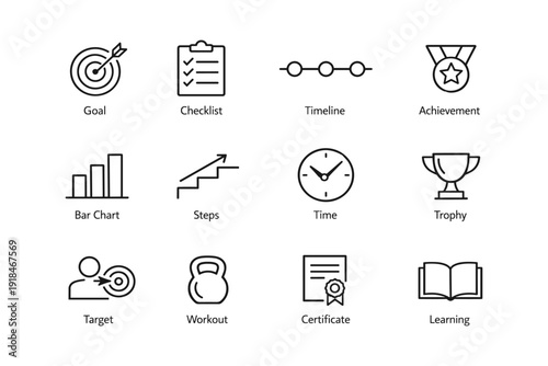 Set of business and achievement icons: goals, checklist, timeline, and more