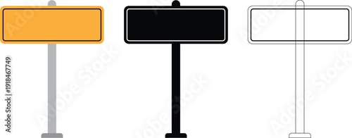 Blank Street Signboard Vector Set – Empty Road Sign Template on Pole Illustration