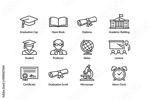 Education icons set: graduation, learning tools, academic symbols