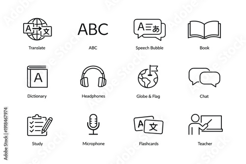 Language learning icons: translate, abc, speech bubble, book, dictionary, headphones, globe, chat, study, microphone, flashcards, teacher