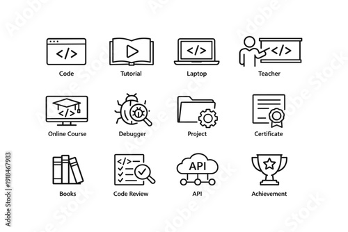 Icons representing coding education: code, tutorial, laptop, teacher, online course, debugger, project, certificate