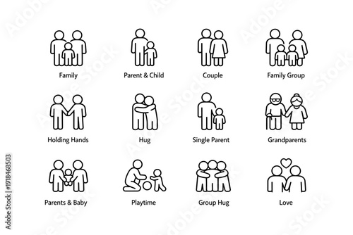 Family icons set: parenthood, couples, grandparents, and playtime in simple line art