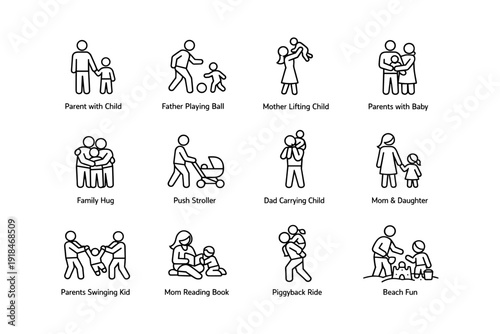 Family stick figures illustrating parenting and child activities