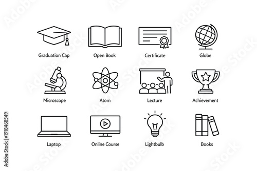 Education icons: graduation, books, certificate, globe, atom, lecture, achievement