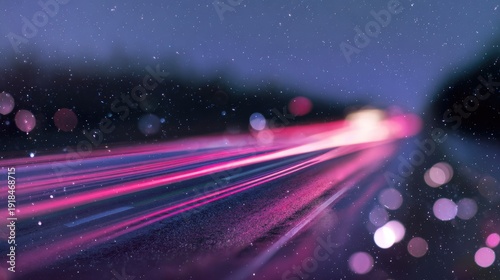 A vibrant night scene showing car lights as streaks along a road, blurred with soft bokeh and starry sky