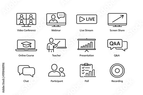 Set of video conference and webinar icons for online communication tools