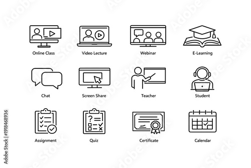 E-learning icons: online class, webinar, screen share, certificate, quiz