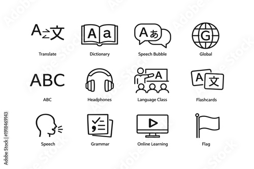Language learning icons: translation, dictionary, class, speech, global communication