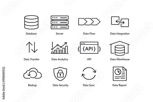Data management icons: database, server, analytics, security, integration, backup
