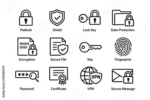 Cybersecurity icons: padlock, shield, encryption, and vpn symbols for digital security