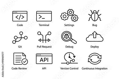 Programming icons: code, terminal, settings, bug, git, api, debug, deploy
