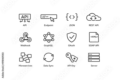 Api and web development icons: json, graphql, oauth, microservices, server