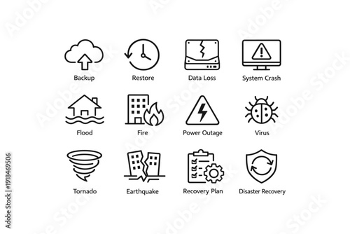 Disaster recovery icons: backup, data loss, system crash, flood, fire, virus