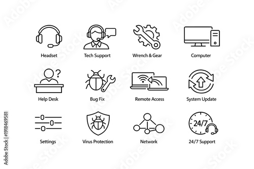 Technology support icons set: headset, computer, network, virus protection, system update