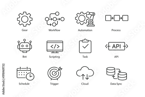 Workflow automation icons: gear, process, bot, cloud, data sync