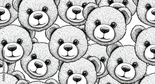 Cute Teddy Bears Pattern, Black and White Sketch Style, Hand Drawn Illustration