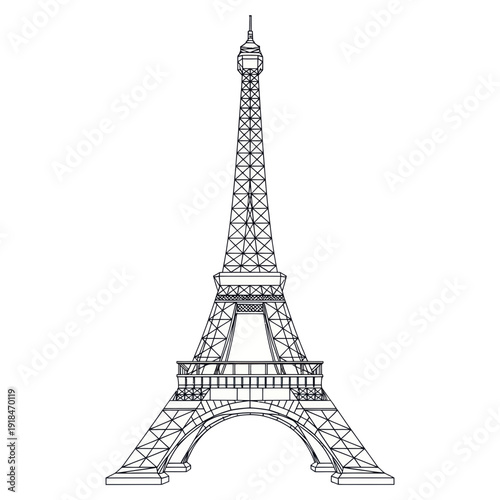 Eiffel Tower outline drawing, Paris landmark, French icon, architectural sketch, black and white