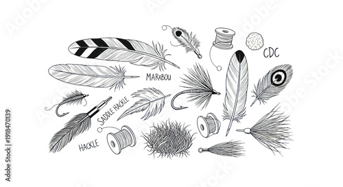 Fly Fishing Lures and Feathers Hand Drawn Sketch Illustration
