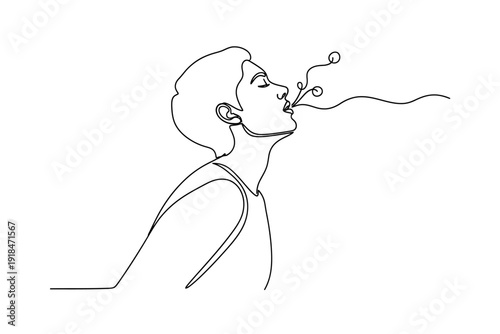 Minimalist Continuous One Line Drawing of a Man Profile Blowing Air or Exhaling