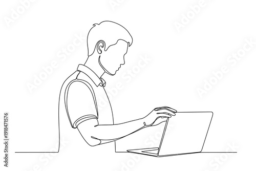 Single Line Art Drawing of a Focused Man Working on a Laptop